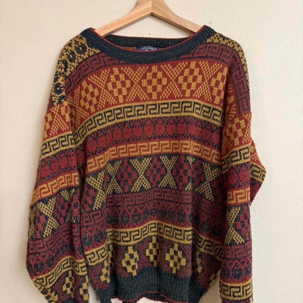 Vintage 90s Atlantic Geometric Greek Key Boxy Knit Sweater Mens Medium Red Blue